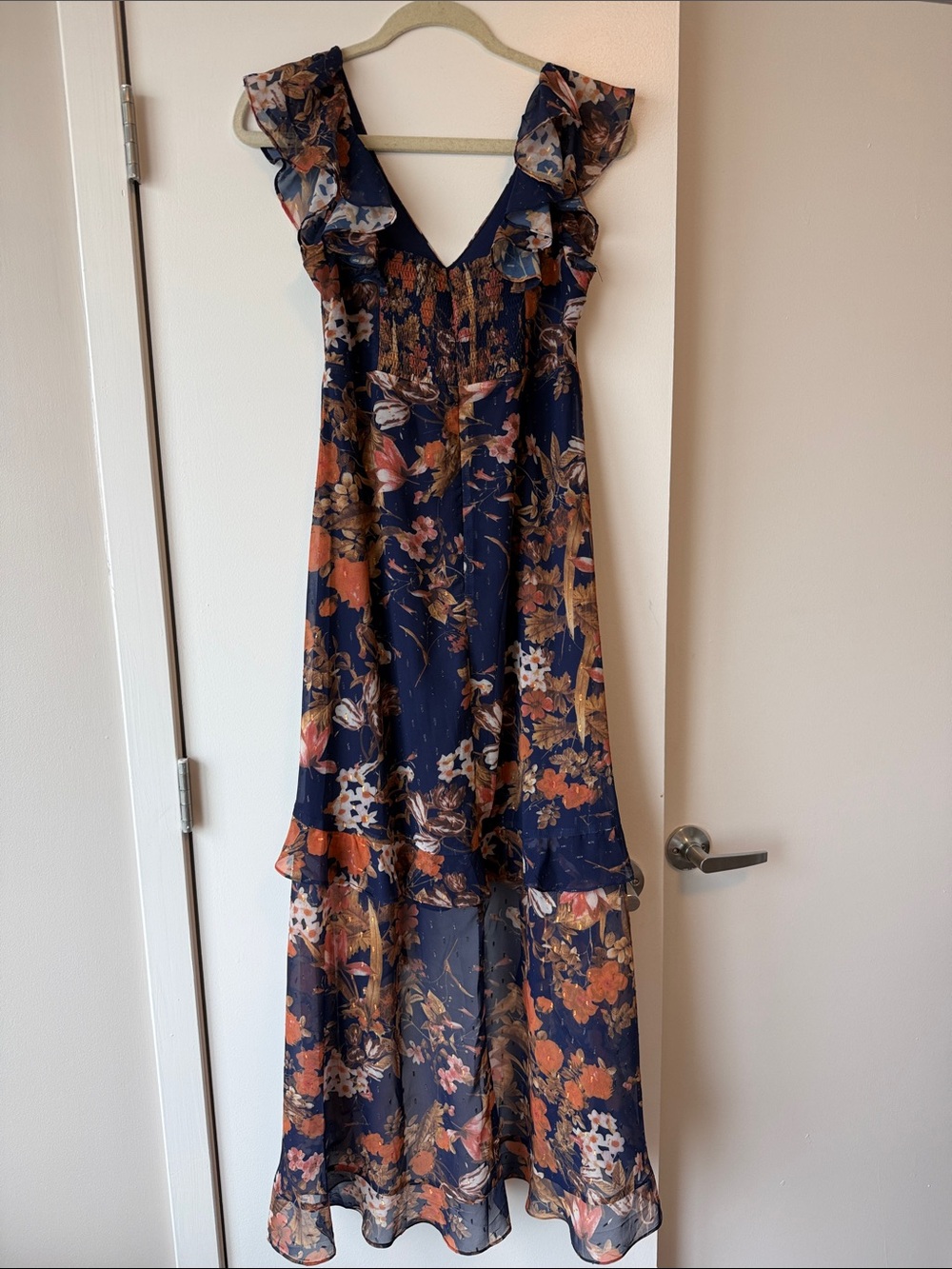 Lulu's Navy Floral High-Low Midi Dress with Rust & Cream Accents - Picture 3 of 7